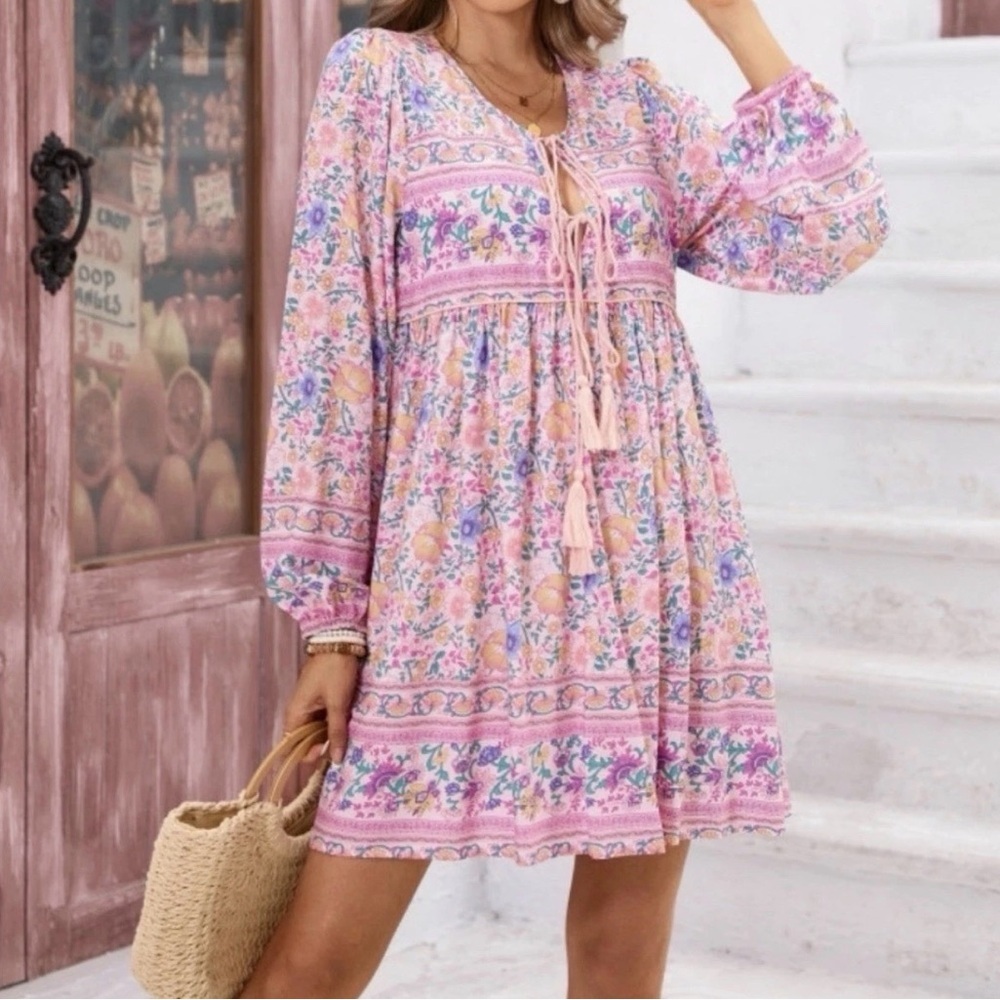 Boho V Neck Tassel Mini Dress Size XS Pink Floral Beach Resort Colorful Hippie